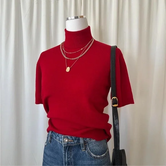 Vintage 1990s Red Jones New York Wool turtleneck sweater short sleeve large. - Picture 4 of 8